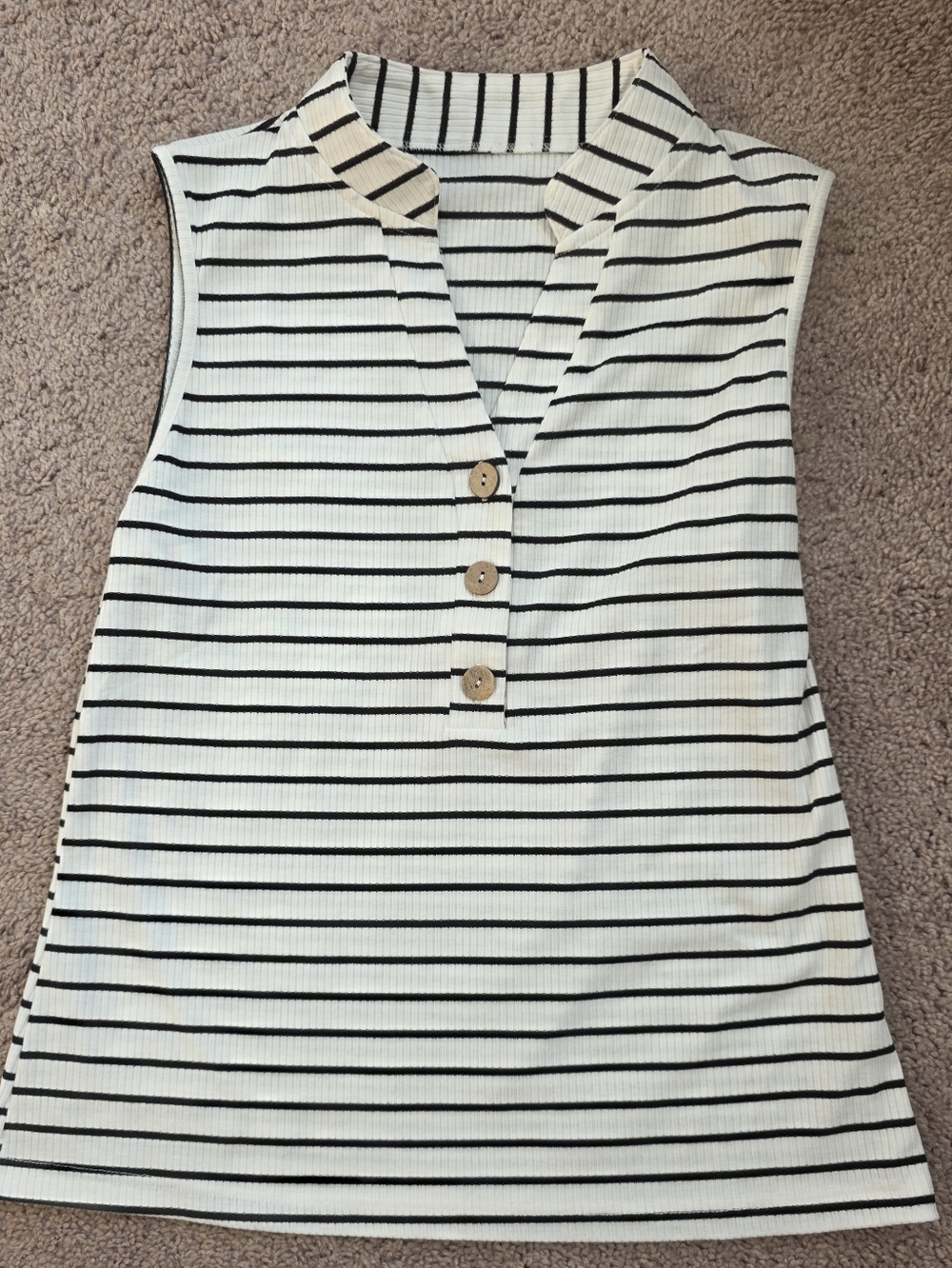 Sleeveless Striped Henley Top in White and Black